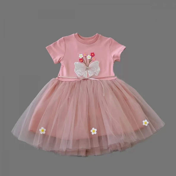 1-2-3 Yaş Tül Fiyonk Çiçekler Nakışlı Astarlı Kız Bebek Tütü Elbisesi Pudra - 2