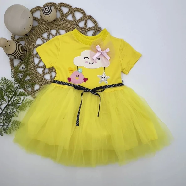 1-2-3 Yaş Tül Tokalı Bulut Civciv Ve Yıldız Nakışlı Kız Bebek Elbisesi Sarı