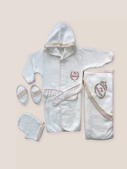 0-6 Ay Kaplan Nakışlı Bornozlu 5li Kız Bebek Havlu Silgi Takımı Pembe