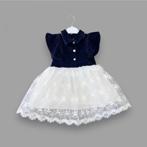 2-3-4 Yaş Astarlı Brode Etekli Kot Kumaş Düğmeli Kız Çocuk Elbisesi Lacivert