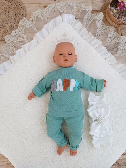 Yenidoğan Wool Yün Kumaş Taç Nakışlı Güpür Duvaklı Fiyonk Prizma Taş Unisex Kundak Bebek Battaniyesi Bej - 5
