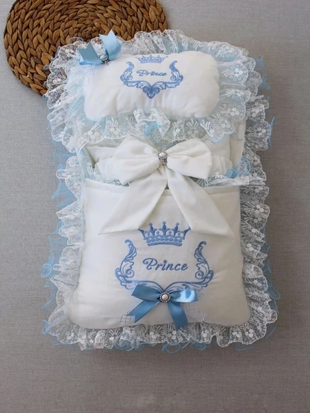 Yenidoğan Nil Taç Nakışlı Kundaklı Trilüks 3lü Alt Açma Seti Mavi - 2