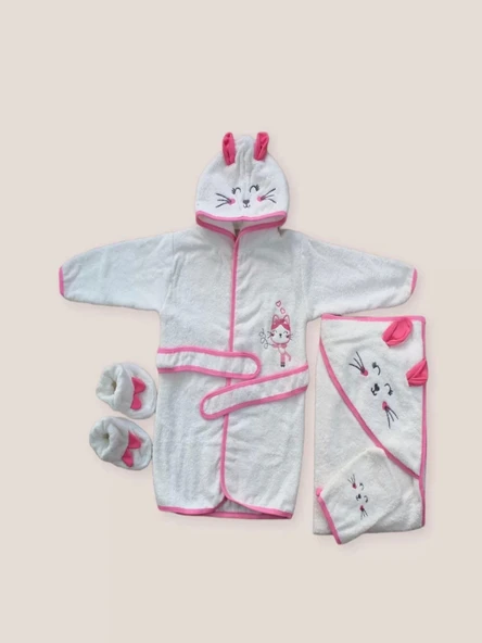 0-6 Ay Kedicik Nakışlı Bornozlu 5li Kız Bebek Havlu Silgi Takımı Fuşya