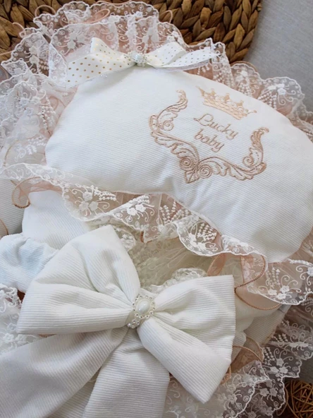 Yenidoğan Nil Taç Nakışlı Kundaklı Trilüks 3lü Alt Açma Seti Bej - 4