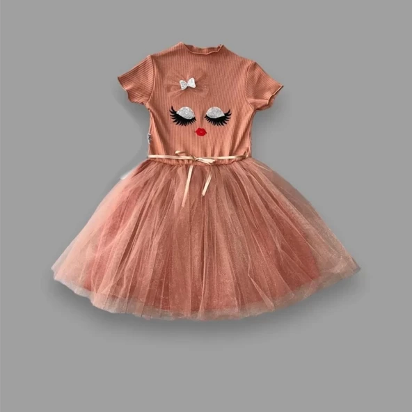 5-6-7 Yaş Payetli Süslü Yüz Baskılı Kız Çocuk Elbisesi Kahverengi - 2