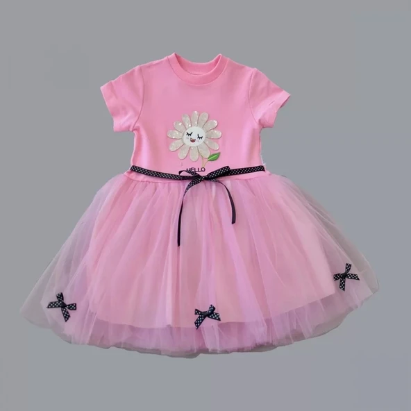 1-2-3 Yaş Payet Yapraklı Çiçek Nakışlı Astarlı Kız Bebek Tütü Elbisesi Pembe - 2