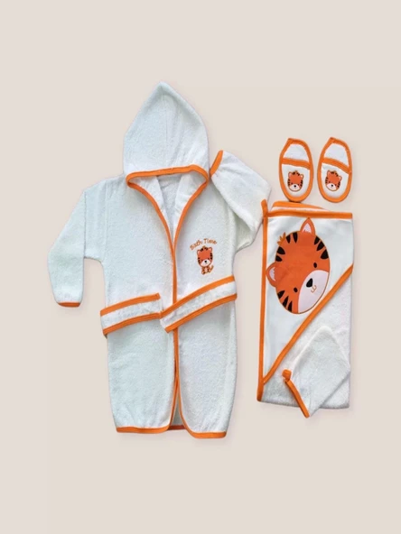 0-6 Ay Kaplan Nakışlı Bornozlu 5li Erkek Bebek Havlu Silgi Takımı Turuncu