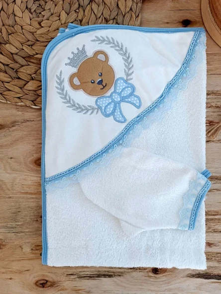 0-1 Yaş Bear Nakışlı El Keseli 2li Erkek Bebek Havlu Takımı Mavi