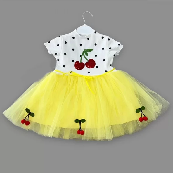 1-2-3 Yaş Payetli Kiraz Nakışlı Kiraz Etekli Kız Bebek Tütü Elbisesi Sarı - 2