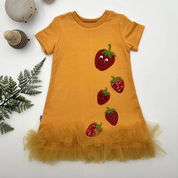 1-2-3 Yaş Payetli Çilekler Nakışlı Eteği Fırfırlı Jile Kız Çocuk Elbisesi Turuncu ürün görseli