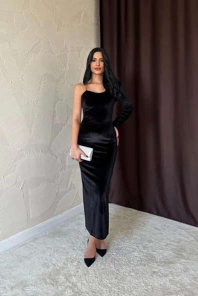 Siyah Tek Omuzlu Taş Askılı Elbise - 2