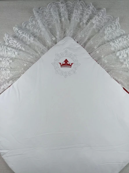 Yenidoğan Saray Kadife Taç Nakışlı İnci Fiyonklu Dantel Duvak Trilüks Kundak Bebek Battaniye Bordo - 5