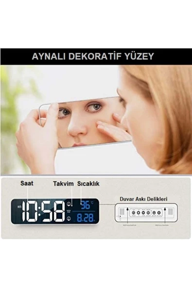 Hd Led Ekranlı Aynalı Elektronik Saat Sıcaklık Tarih Dijital Masa Saati - 7