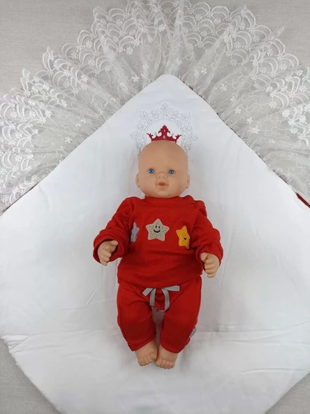 Yenidoğan Saray Kadife Taç Nakışlı İnci Fiyonklu Dantel Duvak Trilüks Kundak Bebek Battaniye Bordo - 4