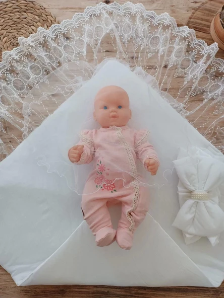 Yenidoğan Yakamoz Kumru Model Dantelli Taşlı Fiyonk Bebek Battaniyesi Kundak Ekru - 3