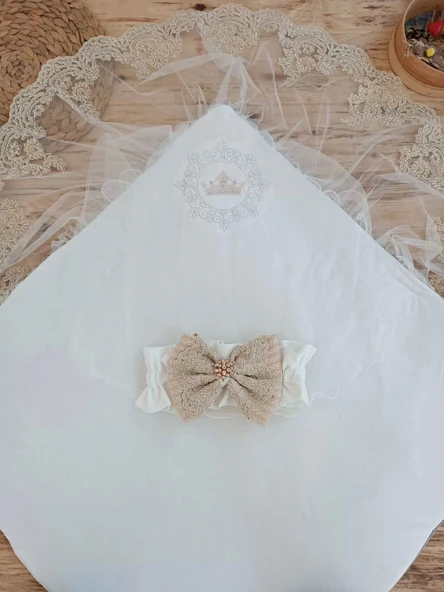 Yenidoğan Teri Cotton Taç Nakışlı Prizma Taş Kundak Bebek Battaniyesi Bej - Resim 5