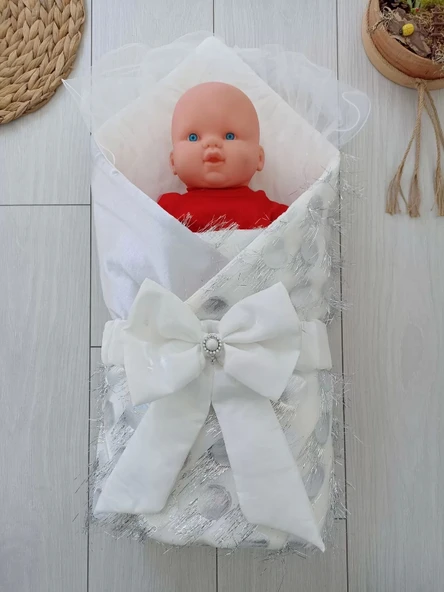 Yenidoğan İzmir İncisi Tül İşlemeli Pamuklu Fiyonklu Kundaklı Lüks 3lü Alt Açma Seti Gümüş - 3