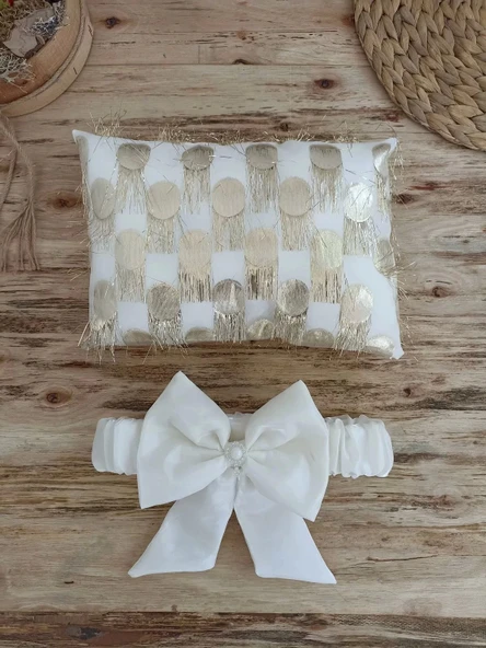 Yenidoğan İzmir İncisi Tül İşlemeli Pamuklu Fiyonklu Kundaklı Lüks 3lü Alt Açma Seti Gold - 6