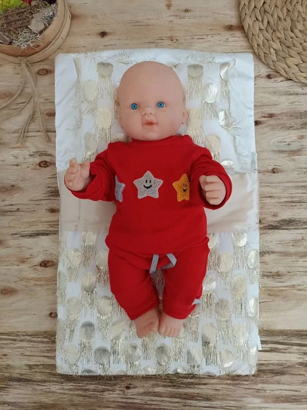 Yenidoğan İzmir İncisi Tül İşlemeli Pamuklu Fiyonklu Kundaklı Lüks 3lü Alt Açma Seti Gold - 5