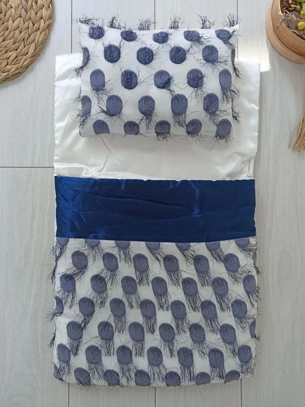 Yenidoğan İzmir İncisi Tül İşlemeli Pamuklu Fiyonklu Kundaklı Lüks 3lü Alt Açma Seti Lacivert - 2