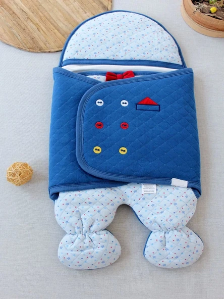 Yenidoğan Açılır Kucaklı Smokin Ayaklı Erkek Bebek Kundak Mavi