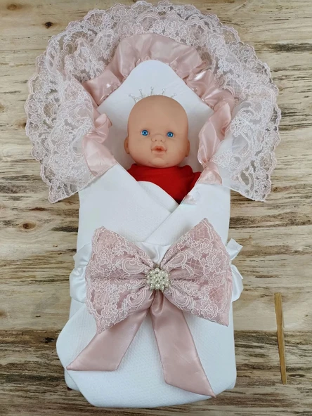 Sahra Taç Nakışlı İnci Ve Dantel Fiyonklu Çift Dantel Duvaklı Trilüks Kundak Bebek Battaniyesi Gül Kurusu - Resim 2