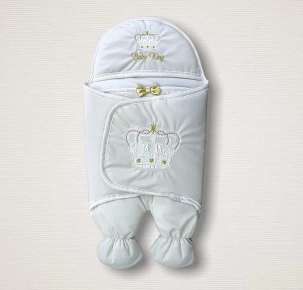 Yenidoğan King Baby Taç Nakışlı Ayaklı Erkek Bebek Kundak Ekru