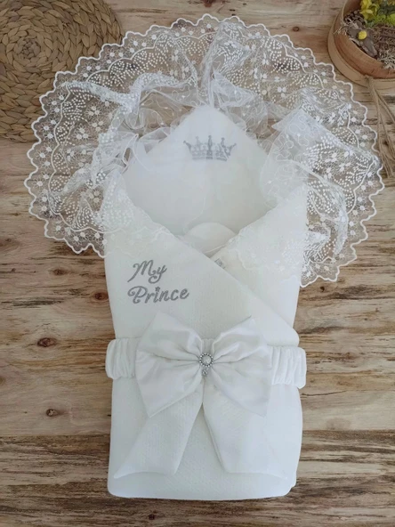 Yenidoğan Sahra Taç Benim Prensim Nakışlı Kundak Bebek Battaniyesi Ekru - Resim 2