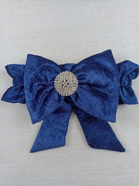 Yenidoğan Saray Kadife Taç Nakışlı İnci Fiyonklu Dantel Duvak Trilüks Kundak Bebek Battaniye Lacivert - 5