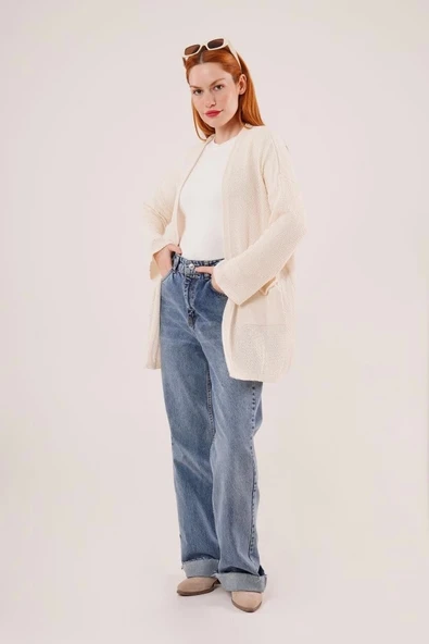 Cepli Salaş Model Triko Uzun Krem Hırka - 4