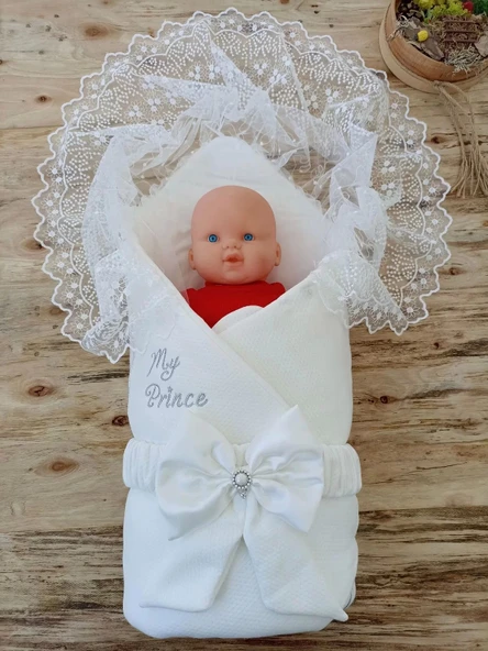 Yenidoğan Sahra My Prince Nakışlı Lüks Kundak Bebek Battaniyesi Ekru - 2