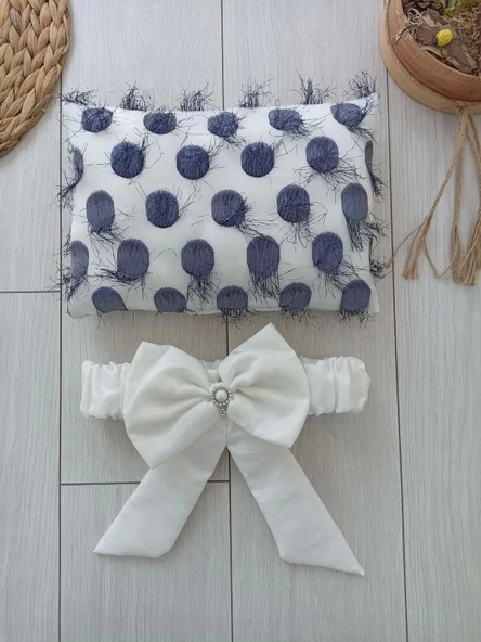 Yenidoğan İzmir İncisi Tül İşlemeli Pamuklu Fiyonklu Kundaklı Lüks 3lü Alt Açma Seti Lacivert - 6