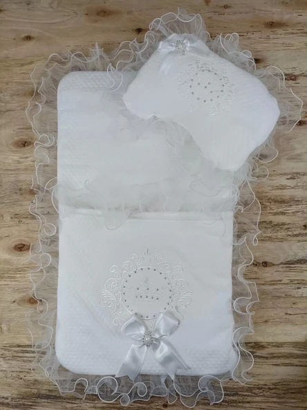 Yenidoğan Bal Peteği Taç Nakışlı Kundaklı Trilüks 3lü Alt Açma Seti Ekru - 4