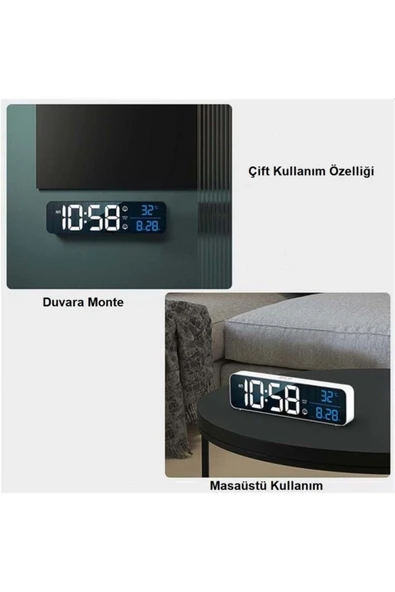Hd Led Ekranlı Aynalı Elektronik Saat Sıcaklık Tarih Dijital Masa Saati - 8
