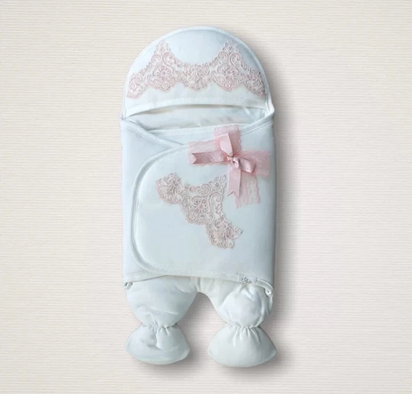 Yenidoğan Fistolu Fiyonk Kurdelalı Şapkalı Lüks Kız Erkek Bebek Ayaklı Kundak Bebek Battaniyesi Pembe