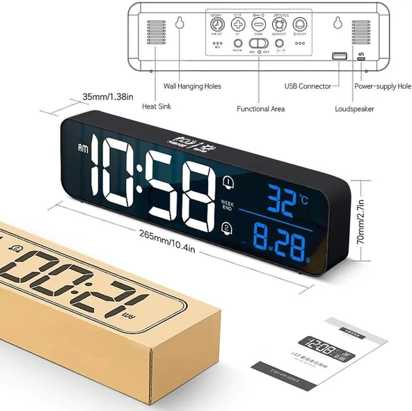 Hd Led Ekranlı Aynalı Elektronik Saat Sıcaklık Tarih Dijital Masa Saati - 9