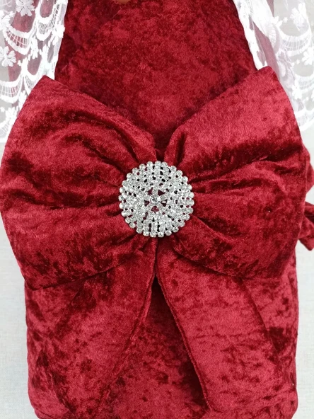 Yenidoğan Saray Kadife Taç Nakışlı İnci Fiyonklu Dantel Duvak Trilüks Kundak Bebek Battaniye Bordo - 6