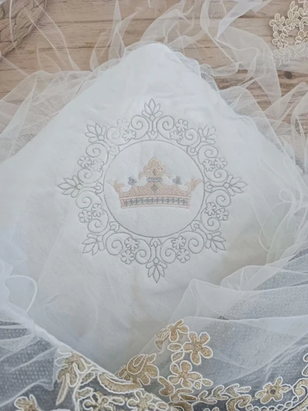Yenidoğan Teri Cotton Taç Nakışlı Prizma Taş Kundak Bebek Battaniyesi Bej - Resim 6