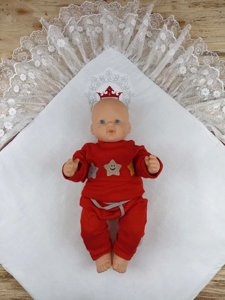 Yenidoğan Saray Kadife Taç Nakışlı İnci Fiyonklu Çift Dantel Duvak Trilüks Kundak Bebek Battaniyesi Bordo - 3