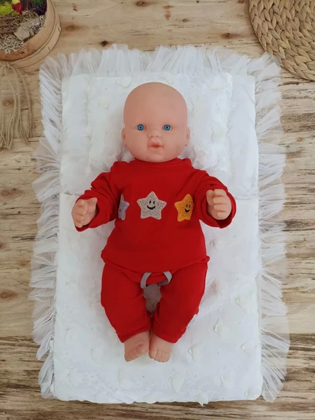 Yenidoğan İzmir İncisi Tül İşlemeli Pamuklu Fiyonklu Kundaklı Lüks 3lü Alt Açma Seti Ekru - 2