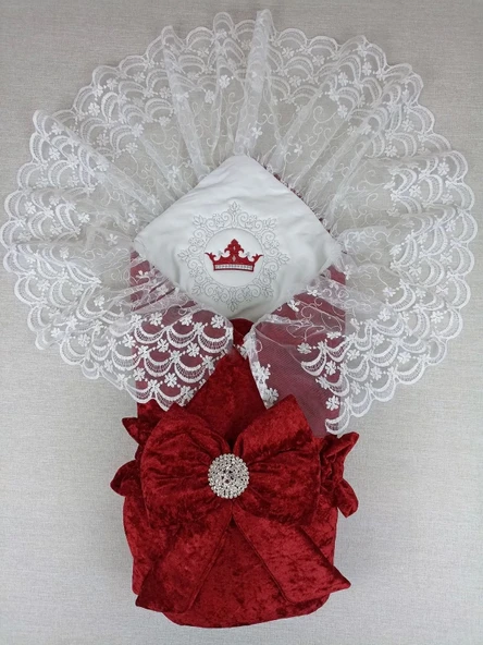 Yenidoğan Saray Kadife Taç Nakışlı İnci Fiyonklu Dantel Duvak Trilüks Kundak Bebek Battaniye Bordo