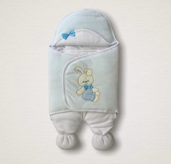 Yenidoğan Kadife Kumaş Ayıcık Nakışlı Şapkalı Kız Erkek Bebek Ayaklı Kundak Bebek Battaniyesi Mavi