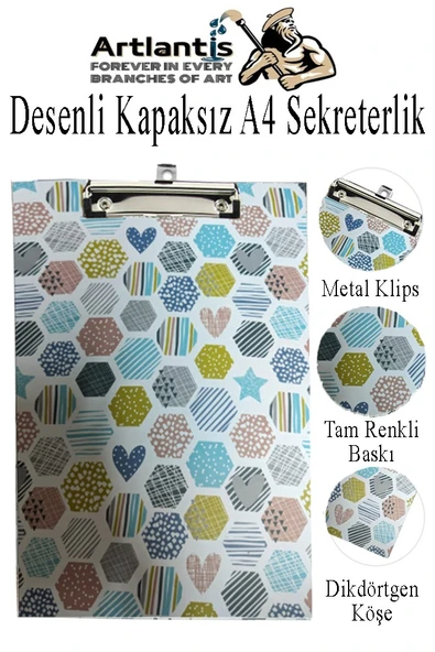 Desenli Sekreterlik Kapaksız A4 1 Adet Renkli Desenli A4 Kapaksız Sekreterlik Klipsli Metal Mekanizmalı 80 Yaprak Kapasiteli