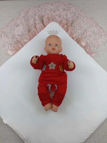 Sahra Taç Nakışlı İnci Ve Dantel Fiyonklu Çift Dantel Duvaklı Trilüks Kundak Bebek Battaniyesi Gül Kurusu - Resim 5