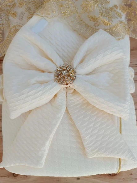 Yenidoğan Piramitland Taşlı Gold Güpür İşleme Bebek Battaniyesi Kundak Ekru - 4