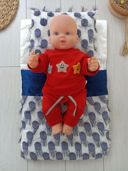 Yenidoğan İzmir İncisi Tül İşlemeli Pamuklu Fiyonklu Kundaklı Lüks 3lü Alt Açma Seti Lacivert - 3