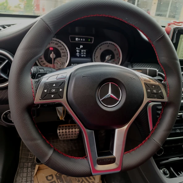 DİKİŞLİ DİREKSİYON KILIFI SİYAH DERİ NOKTALI DERİ KIRMIZI DİKİŞLİ MERCEDES A180 (FOTODAKİ) İÇİN - Resim 2