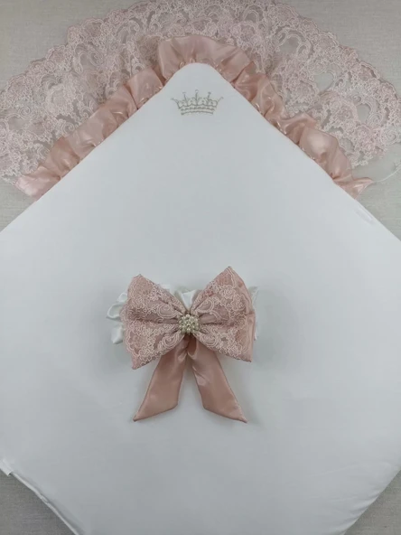 Sahra Taç Nakışlı İnci Ve Dantel Fiyonklu Çift Dantel Duvaklı Trilüks Kundak Bebek Battaniyesi Gül Kurusu - Resim 3