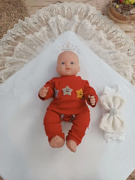 Yenidoğan Teri Cotton Taç Nakışlı Prizma Taş Kundak Bebek Battaniyesi Krem - 4