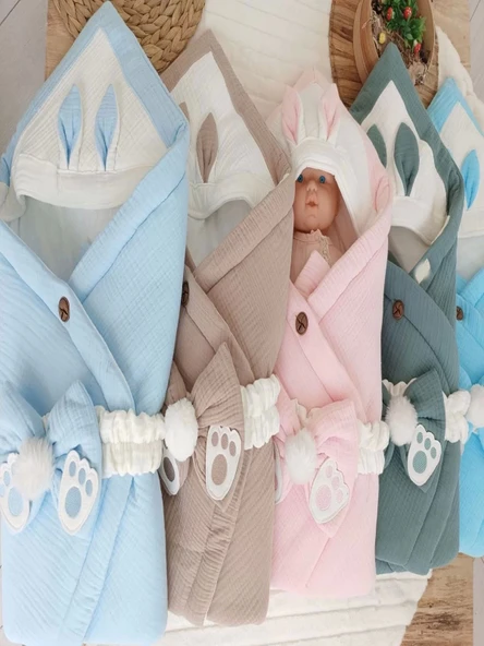 Yenidoğan 4 Kat Müslin Kumaş Kulaklı Patili Fiyonk Bebek Battaniyesi Kundak Mavi - 4